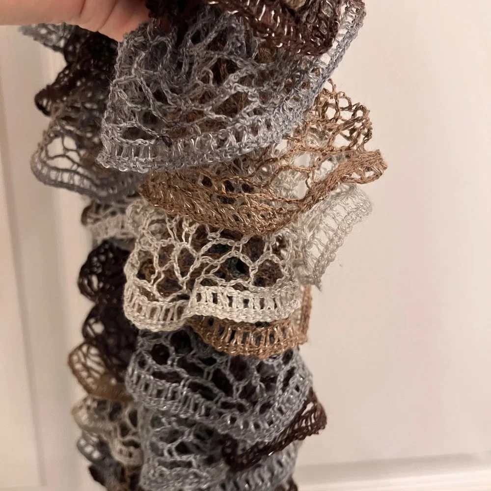 Ruffle Sashay Scarf Brown Grey Metallic Mesh Knit Lace Boa Spiral